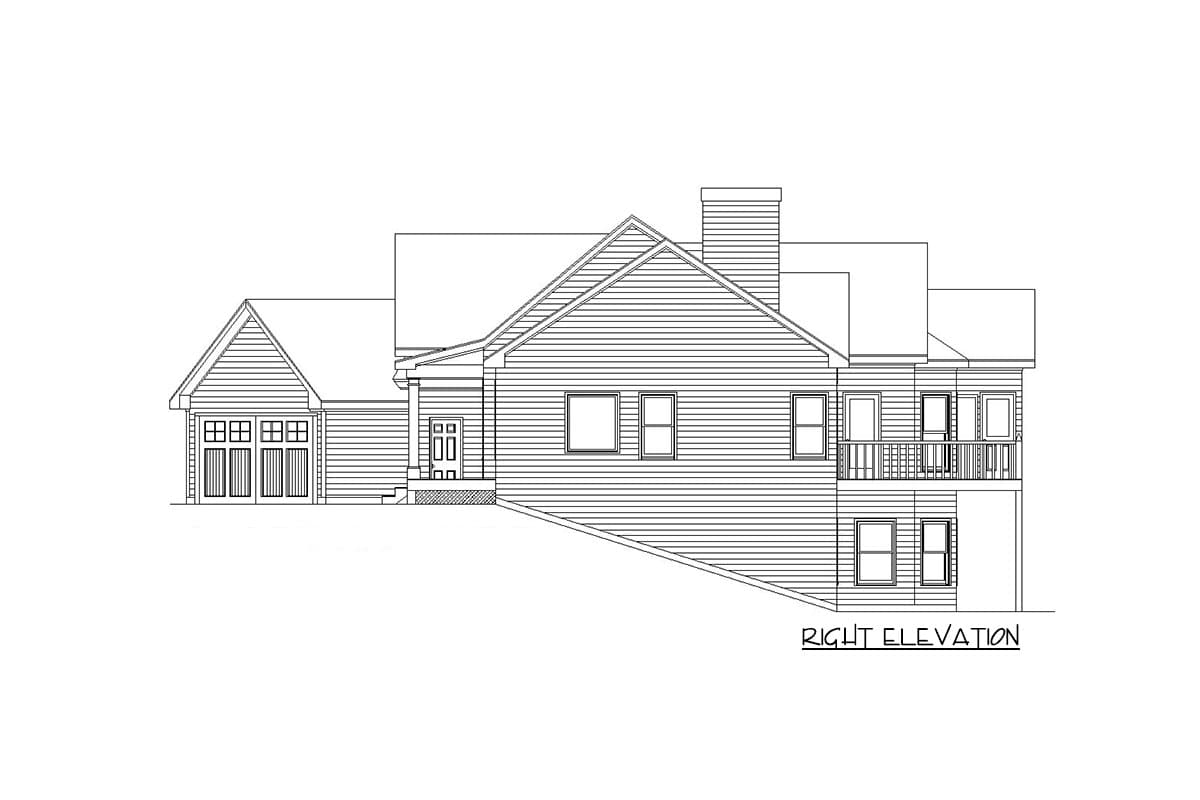 Right elevation house plan with a gable roof, two-car garage, covered entry, and a second-story deck.