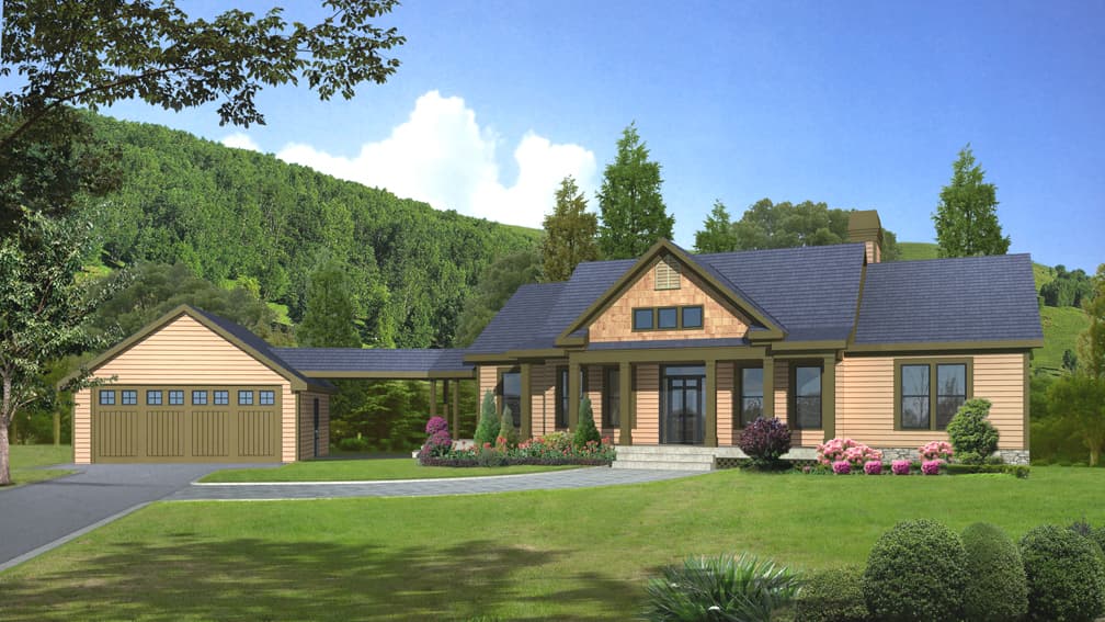 Modern Farmhouse house plan exterior: one-story with attached garage, covered walkway, gable dormer, and prominent porch with columns.