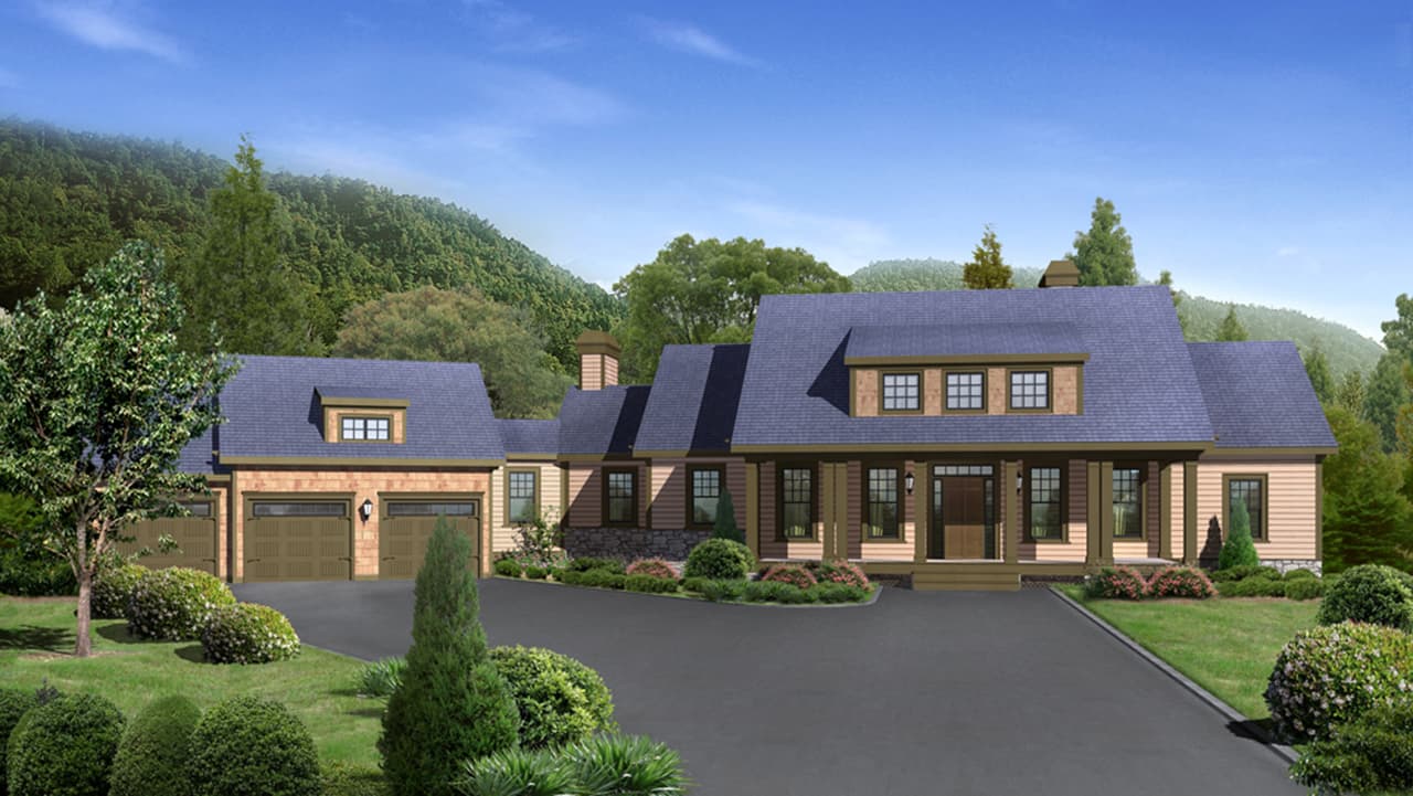 House plan exterior: One-and-a-half story home with attached three-car garage, prominent front porch, gables, and stone accents.