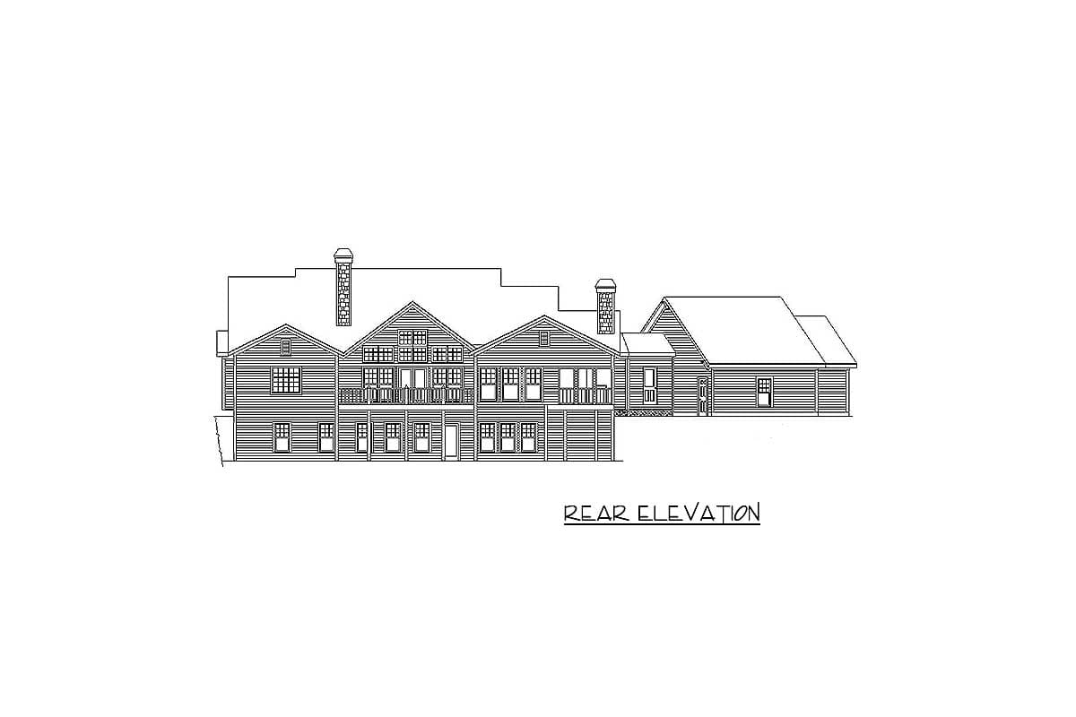 Rear elevation drawing of a two-story house plan with multiple gables, chimneys, and balconies.