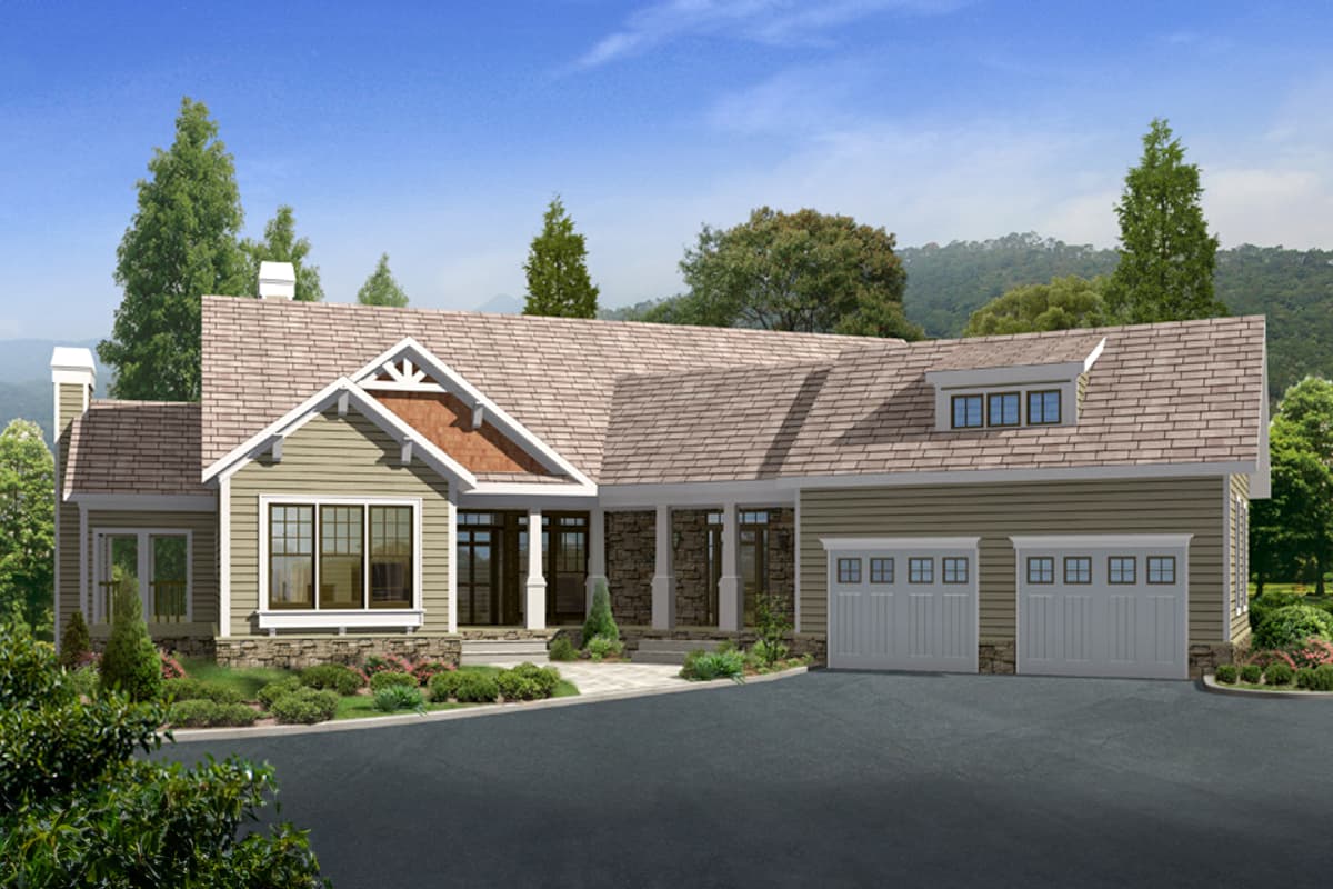 House plan exterior: Ranch style, single-story home with a prominent front gable, stone accents, covered entry, and a two-car garage.
