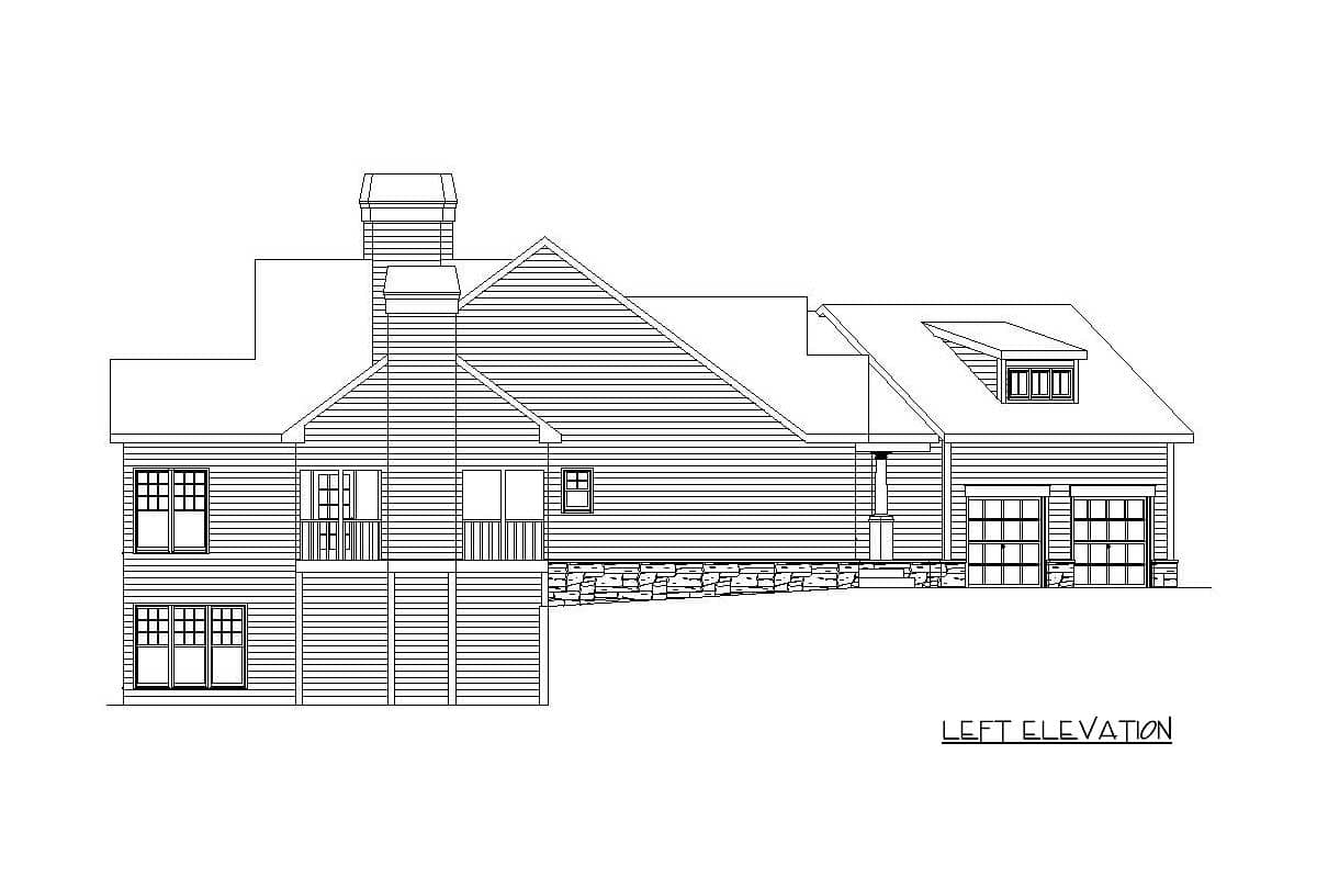 Left elevation house plan showing a two-story home with a gabled roof, dormer, chimney, balcony, and two-car garage.