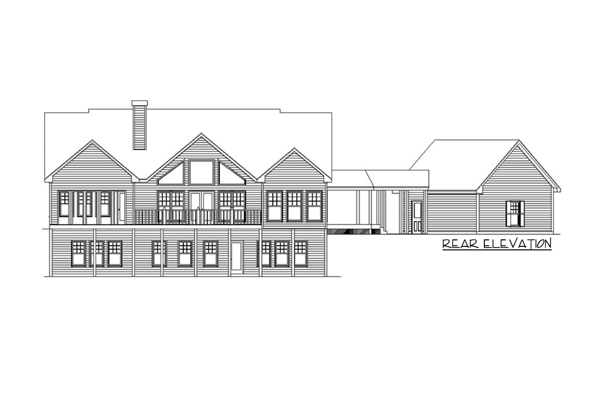 Rear elevation house plan drawing showing multiple gables, balconies, and a covered walkway connecting to a garage.