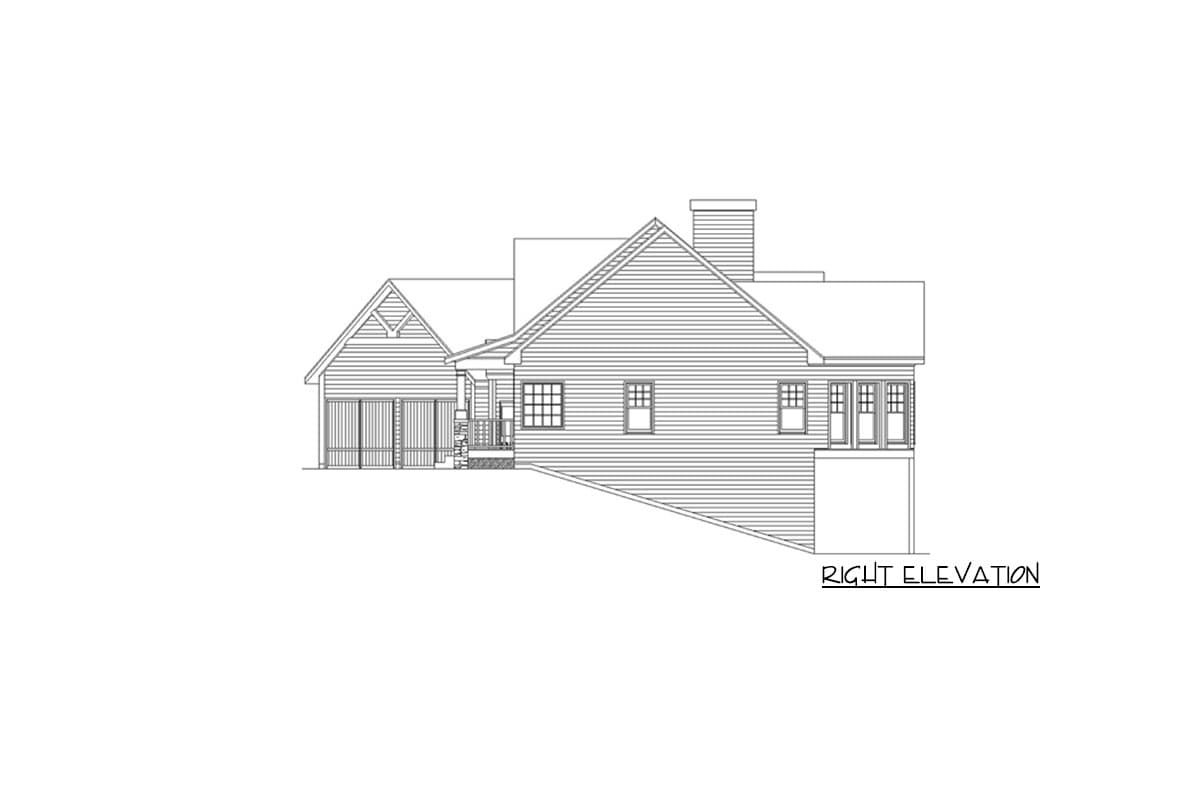 Right elevation house plan showing a gabled garage, dormer window, and screened porch.