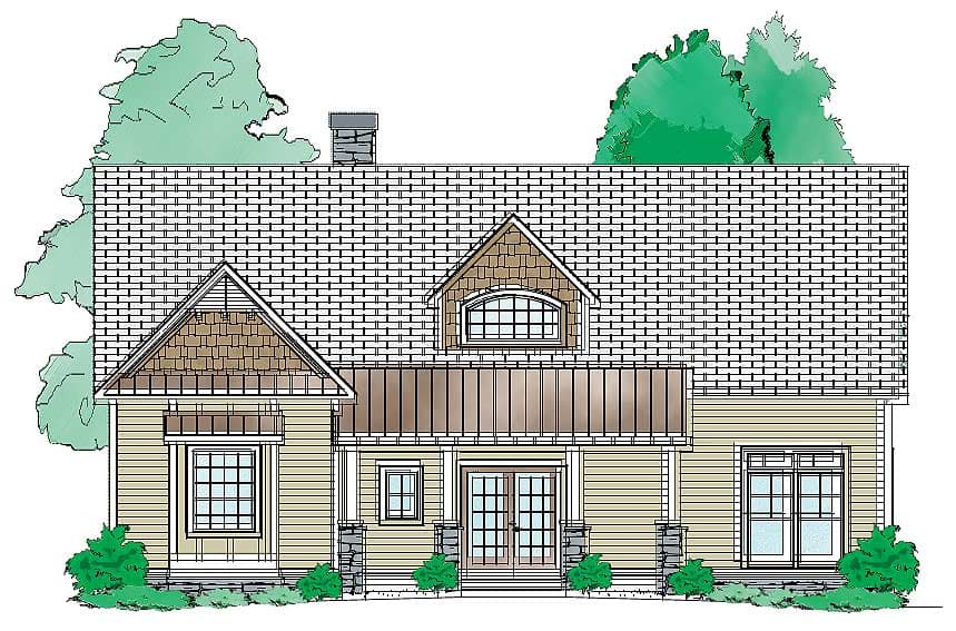 House plan exterior: one-story house with gabled dormer, covered front porch with stone-accented pillars, and double front doors.