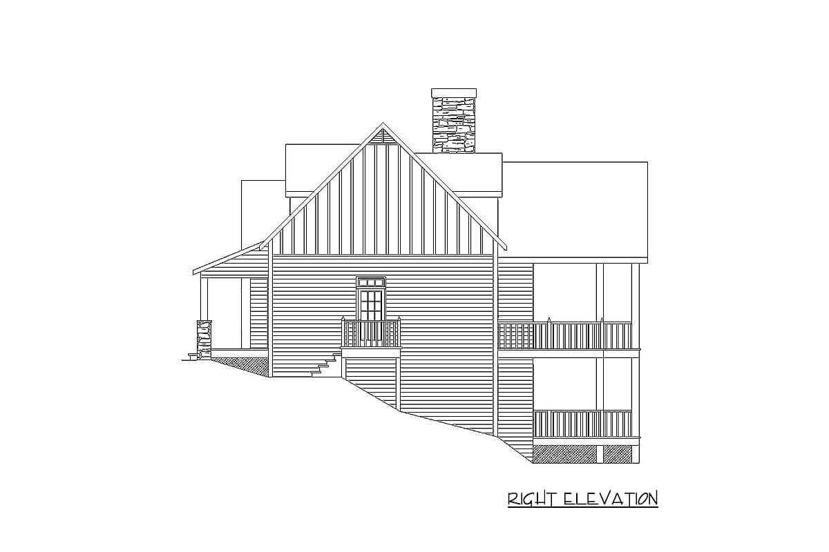 House plan right elevation drawing showing gabled roofline, stacked stone chimney, and multi-level balconies.