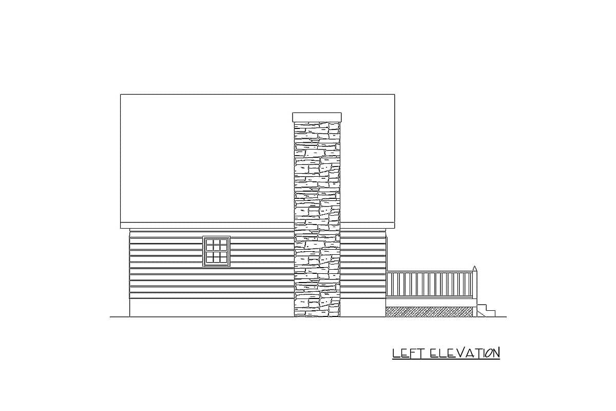 Left elevation of a house plan showing a stone chimney, a window, and a deck.