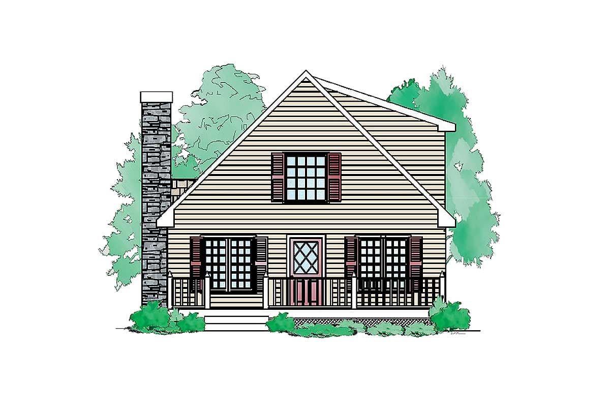 House plan exterior: Gable roof, centered door, two front windows, porch, and stone chimney.