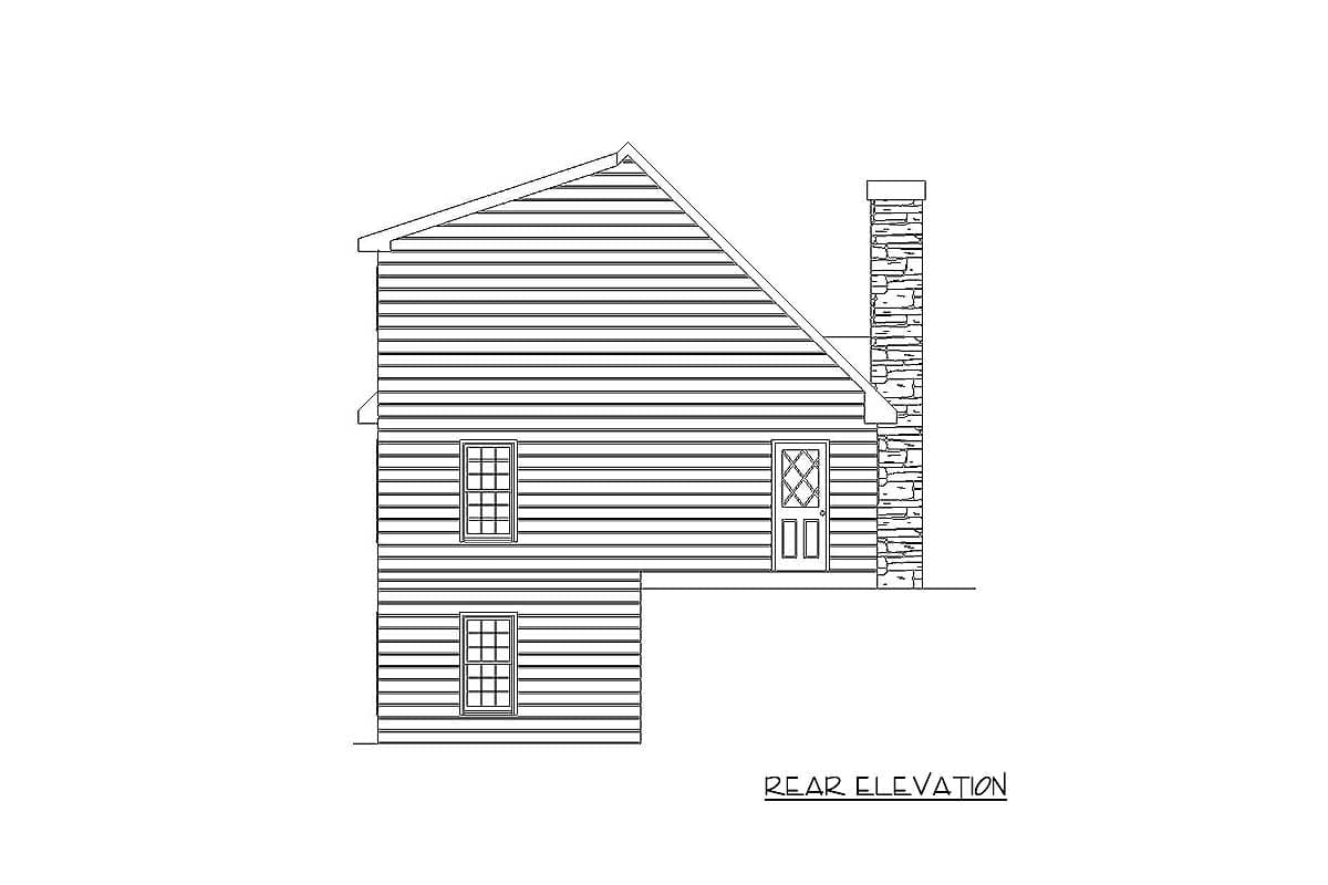 Rear elevation drawing shows a two-story house with a prominent stone chimney, double-hung windows, and a single door with diamond pane detail.