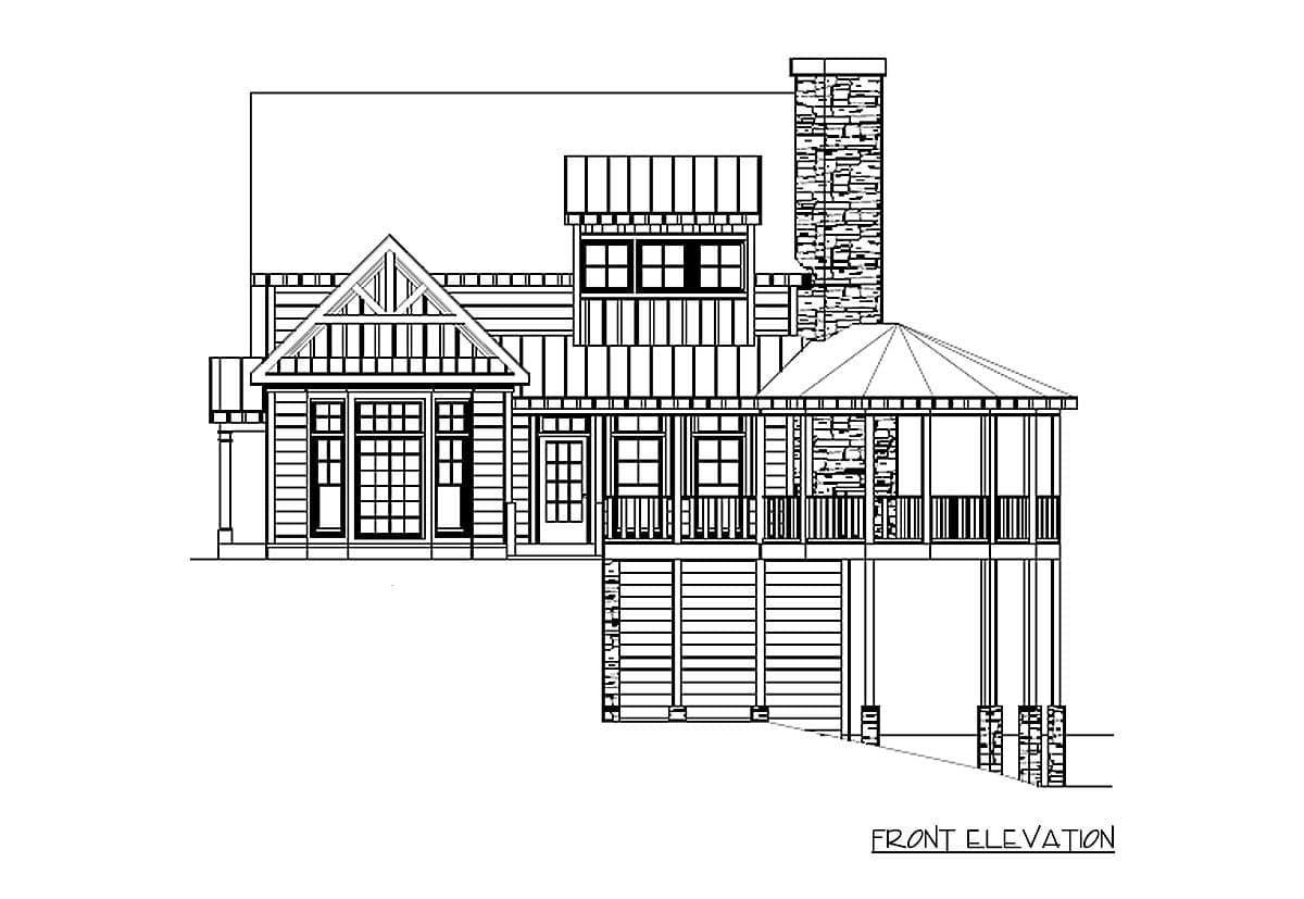 Front elevation house plan showing a house with a prominent stone chimney, multiple gables, and a wraparound porch supported by piers.