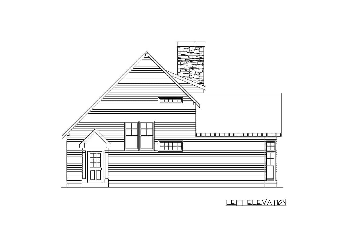 Left elevation house plan showing a gabled roofline, stone chimney, and double-door entry.