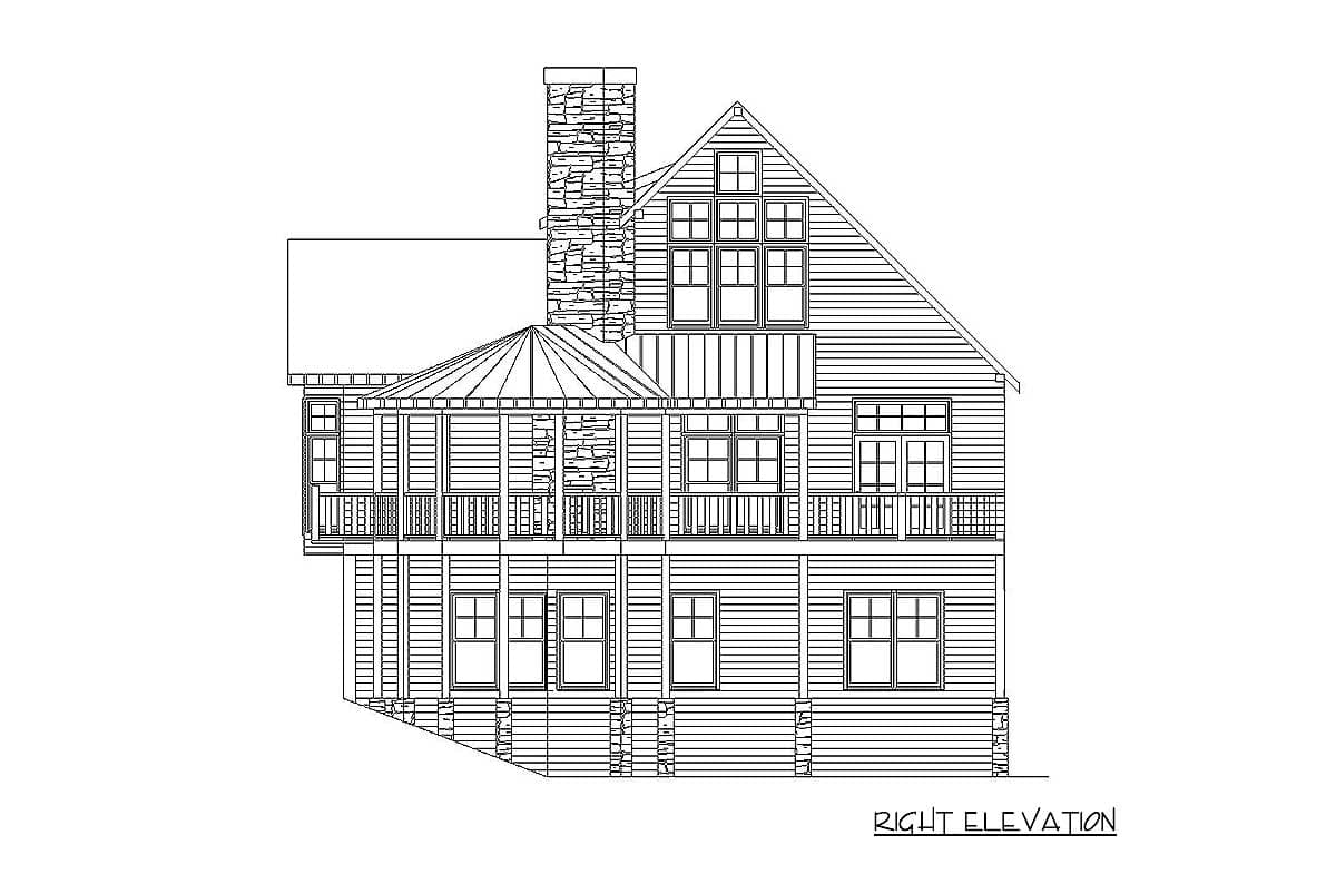 Right elevation house plan showing a multi-story structure with a stone chimney, covered porches, and multiple window arrangements.