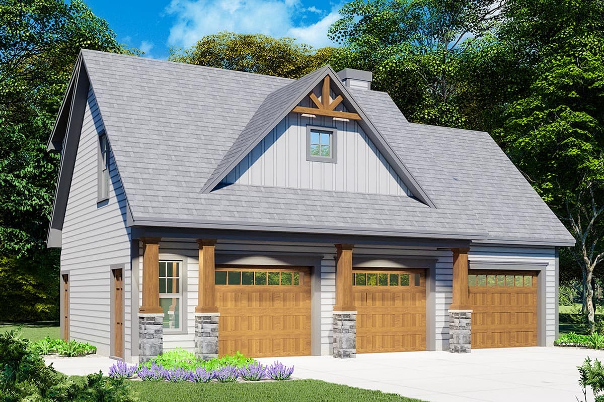 House plan exterior: Traditional style two-story with a front-facing three-car garage, gable dormer with timber accents, and covered entryway.