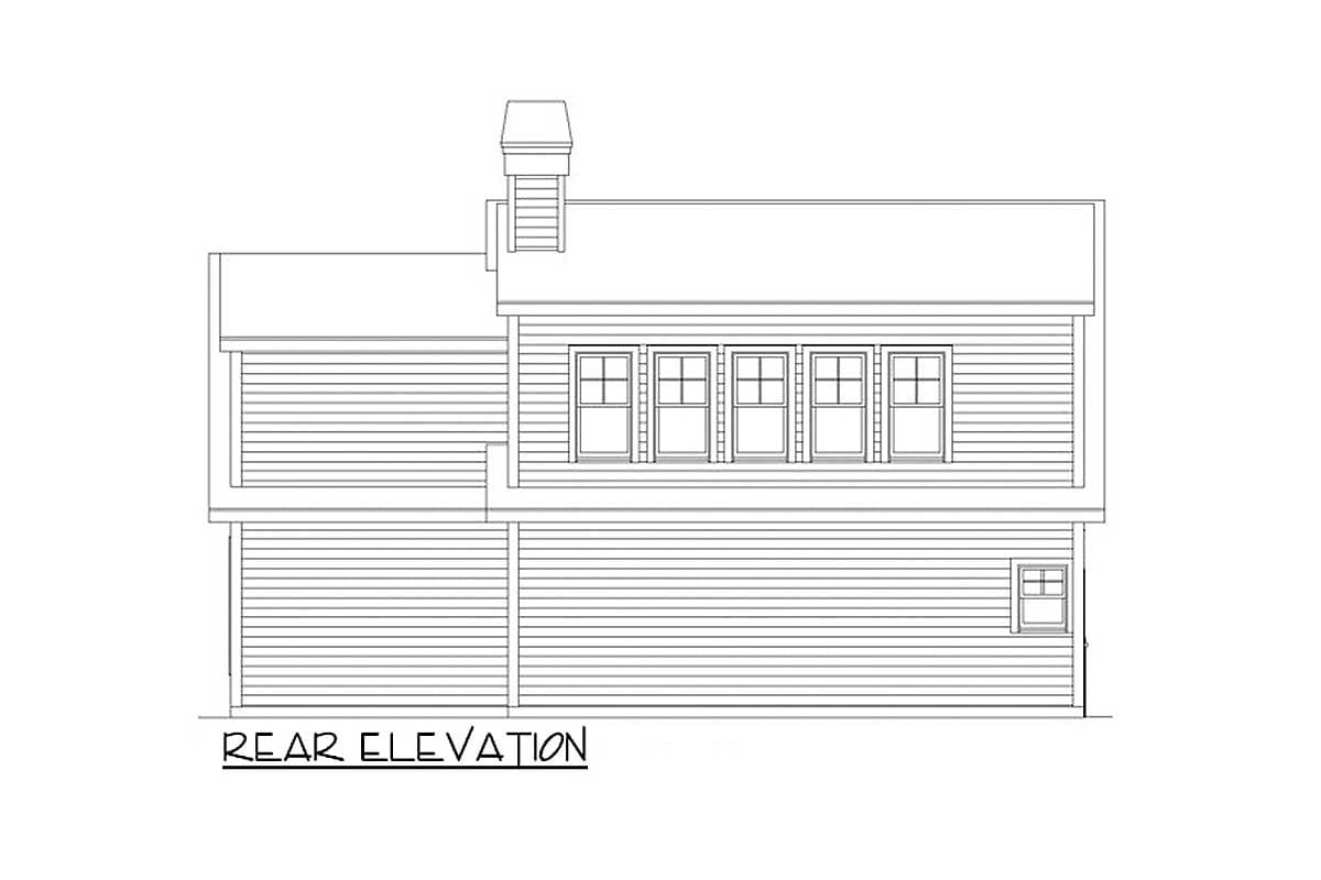 Rear elevation drawing of a two-story house with a chimney, horizontal siding, and multiple windows.