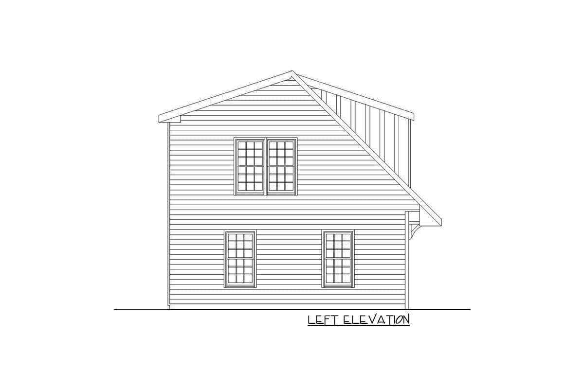 Left elevation drawing of a two-story house plan with double-hung windows and a shed dormer.