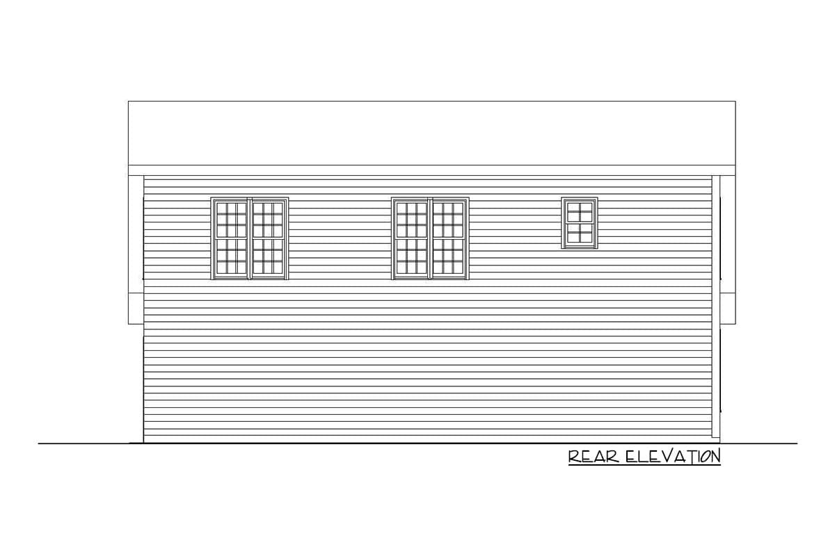 Rear elevation of a house plan showing horizontal siding and three windows: two large double-hung and one small.