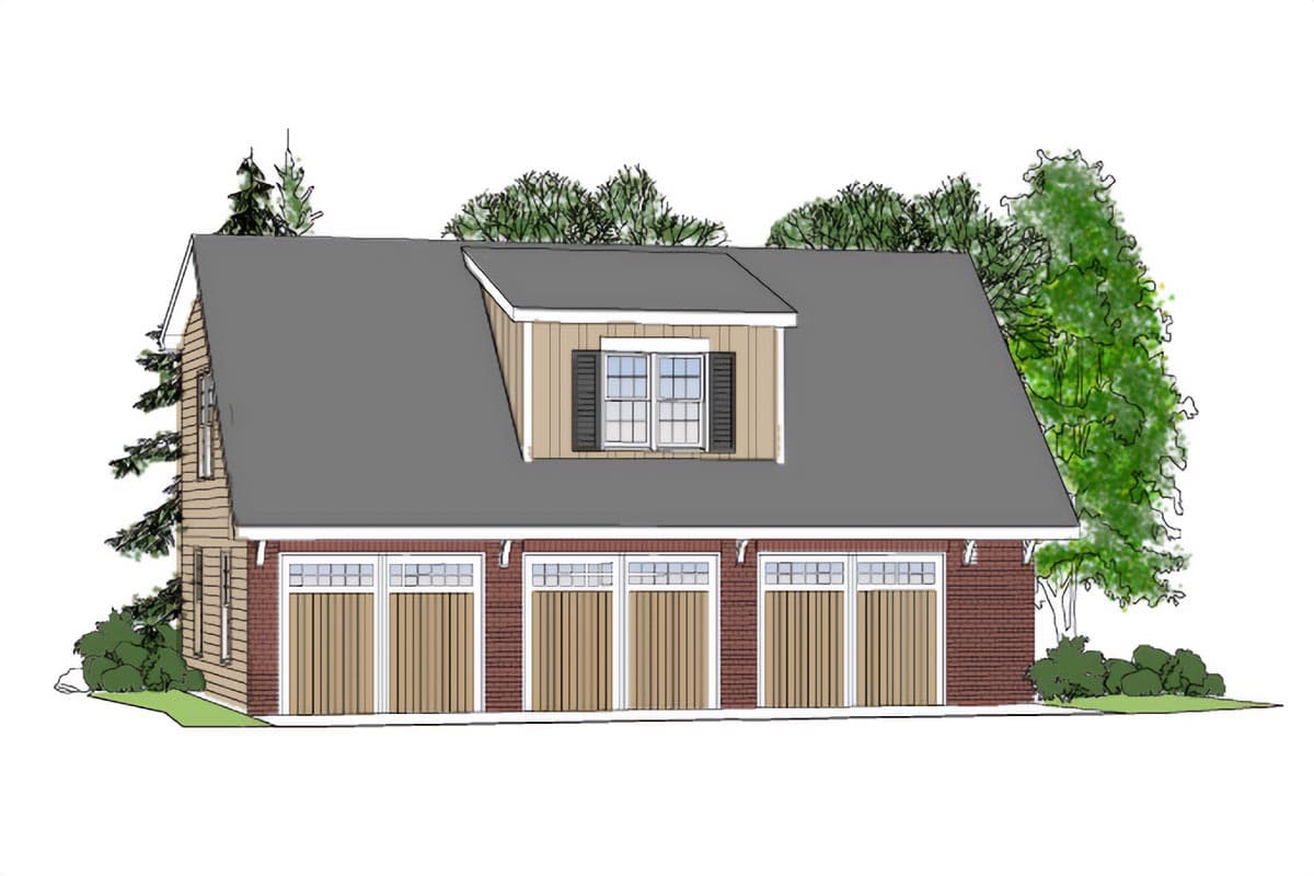House plan exterior: Two-story design with brick lower level, five garage doors, dormer with window, and gable roof.