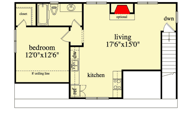 Plan 29819RL: One Bed Garage Apartment with Parking for 3 Cars - 650 Sq Ft - Floor Plan - 2nd Floor - Carriage