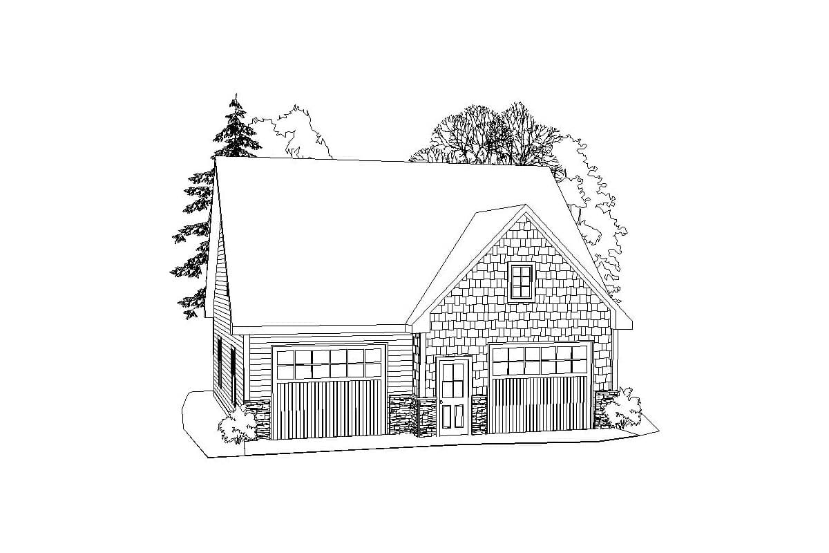 House plan exterior of two-story structure with gambrel roof, shingle siding, and two garage doors.
