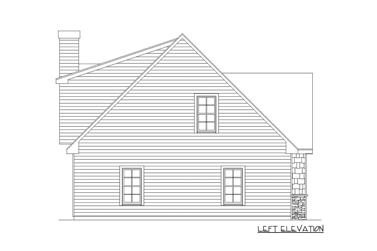 Left elevation drawing of a two-story house plan with a chimney, multiple windows, and stone-accented foundation.