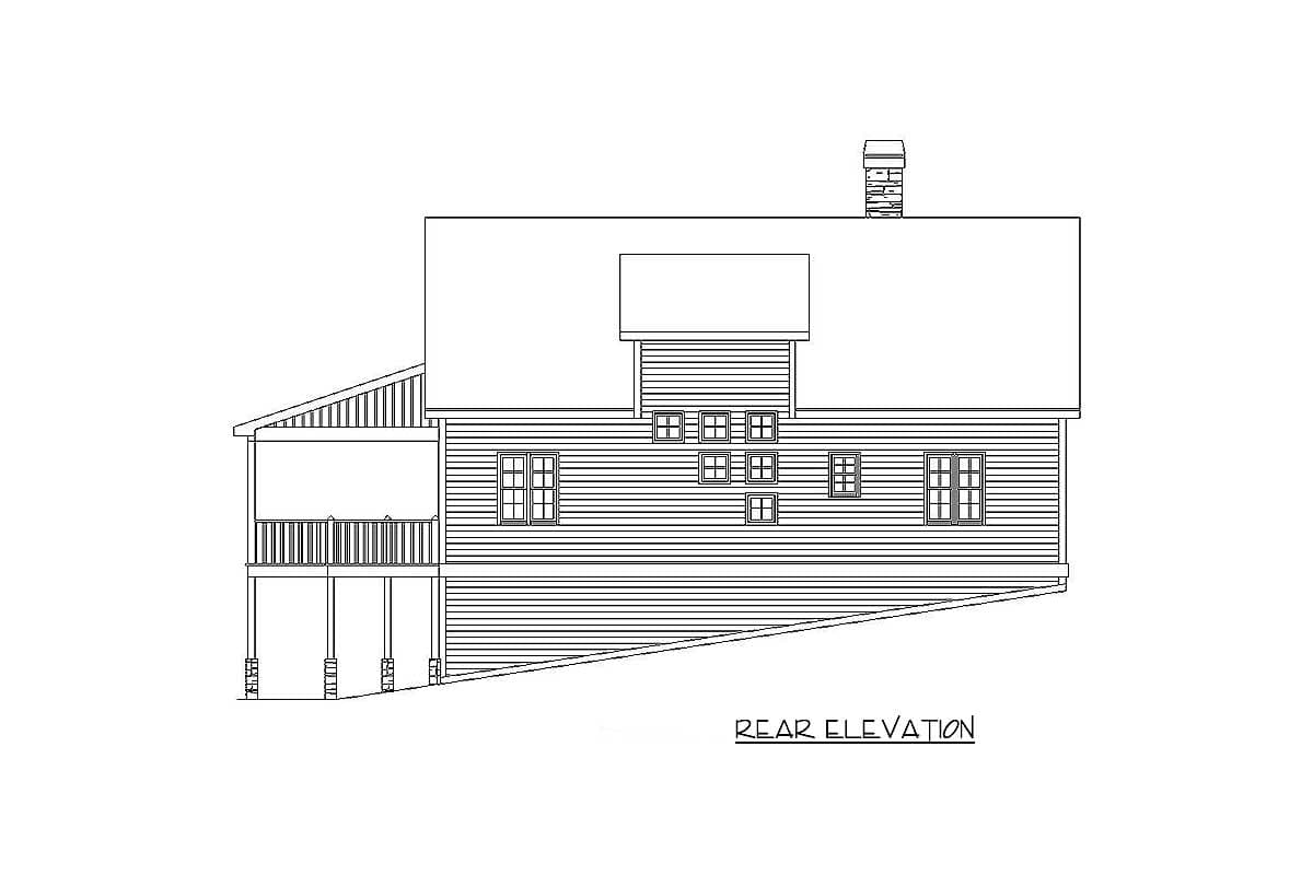 Rear elevation house plan showing horizontal siding, multiple windows, a covered porch with railing, and a chimney.