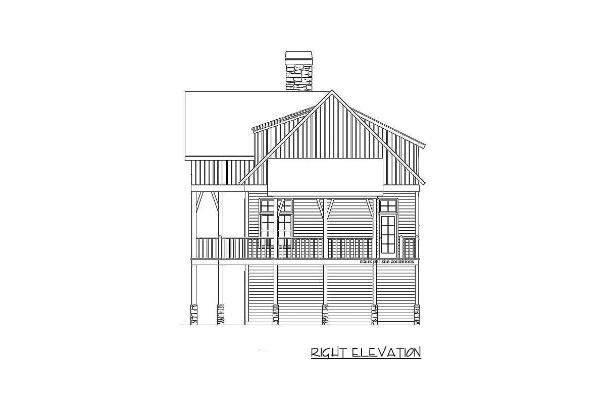 Right elevation house plan drawing with a covered porch, gabled roof, prominent chimney, and double-hung windows.