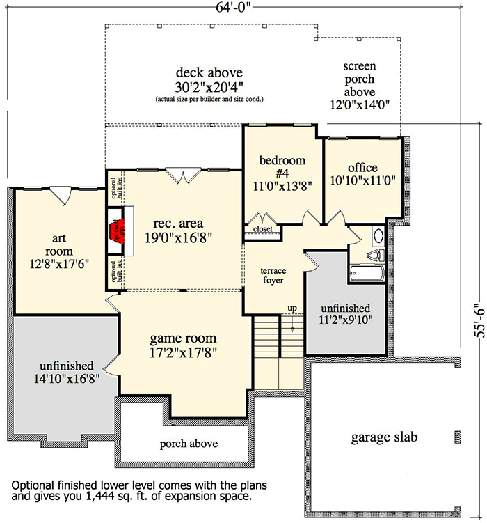 Plan 29829RL: Hillside Craftsman House Plan with Optional Lower Level & Upper Bedroom - Floor Plan - Opt Lower Level - Country, Mountain, Rustic, Traditional