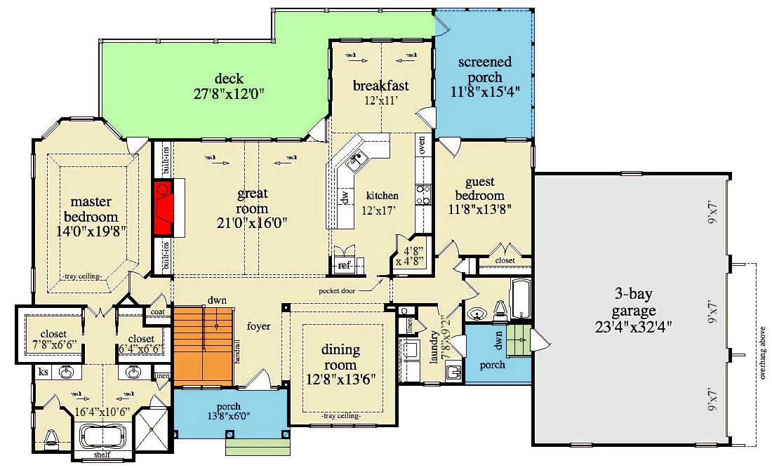 Plan 29830RL: Rustic Style Ranch House Plan for a Rear-Sloping Lot - Floor Plan - Main Level - Craftsman, Mountain, Ranch, Rustic, Vacation