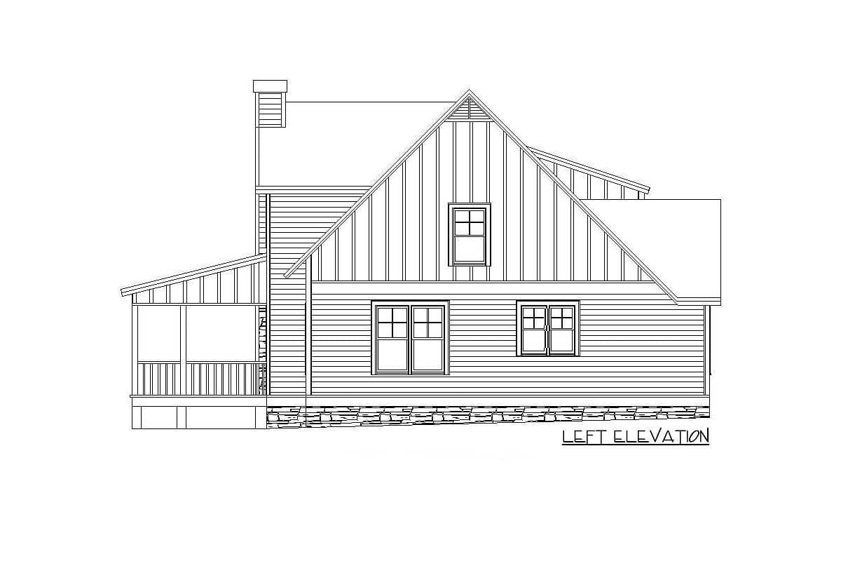 Left elevation house plan: two stories, gabled dormer, porch with railings, horizontal siding, and stone foundation.