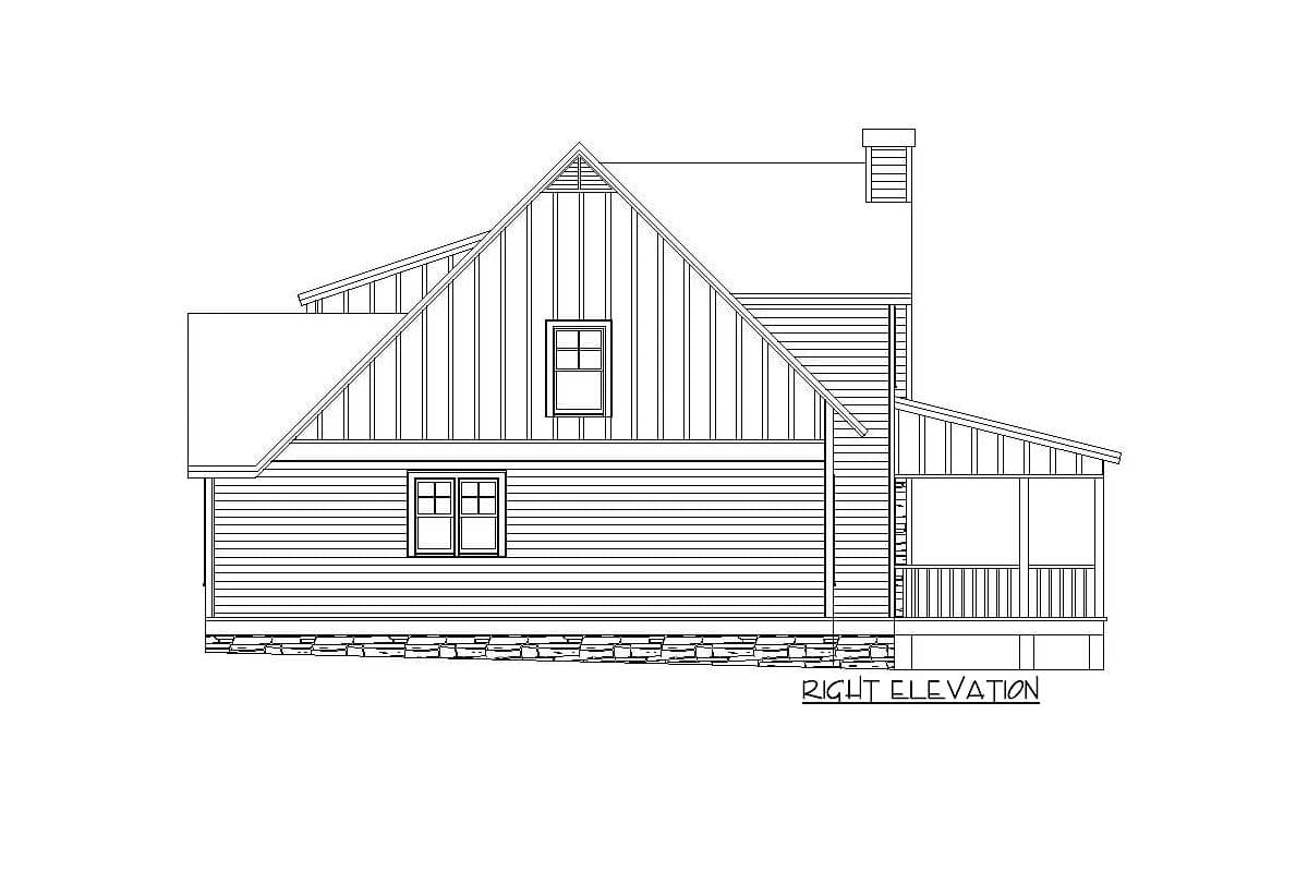 Right elevation drawing of house plan, featuring gables, board and batten siding, and a covered porch.