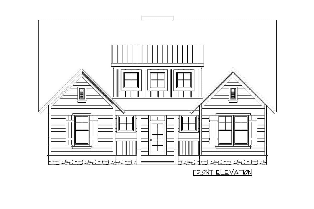 Front elevation drawing of a two-story house plan with gabled rooflines, dormers, a central porch, and horizontal siding.