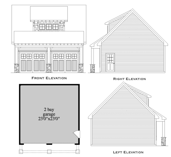 Floor plan and elevations for a 23'x23' two-bay garage with front, left, and right views.
