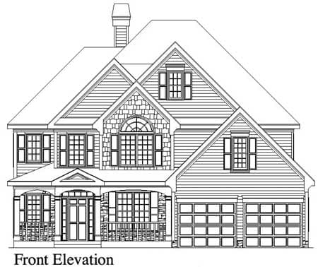Front elevation drawing of a two-story house with a covered porch, stone accents, dormers, and a two-car garage.