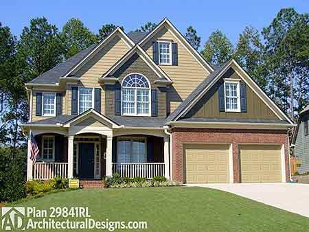 House plan exterior shows a two-story home with a covered front porch, arched window, and attached two-car garage.