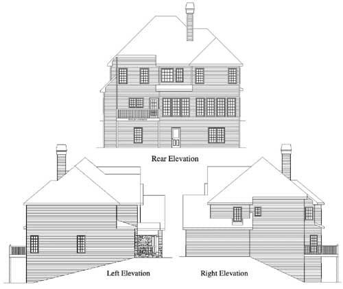 House plan rear, left, and right elevations showing a multi-story home with gabled roof, chimneys, and balconies.