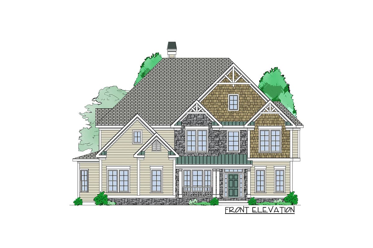 Front elevation house plan showing a two-story home with stone and shingle siding, multiple gables, and a covered porch.