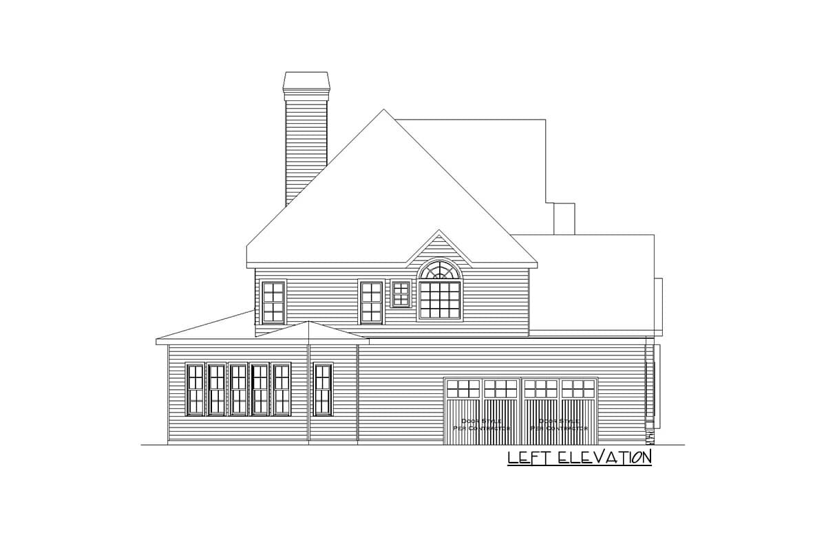 Left elevation drawing of a house plan with a large gable roof, chimney, multiple windows, and a three-bay garage.