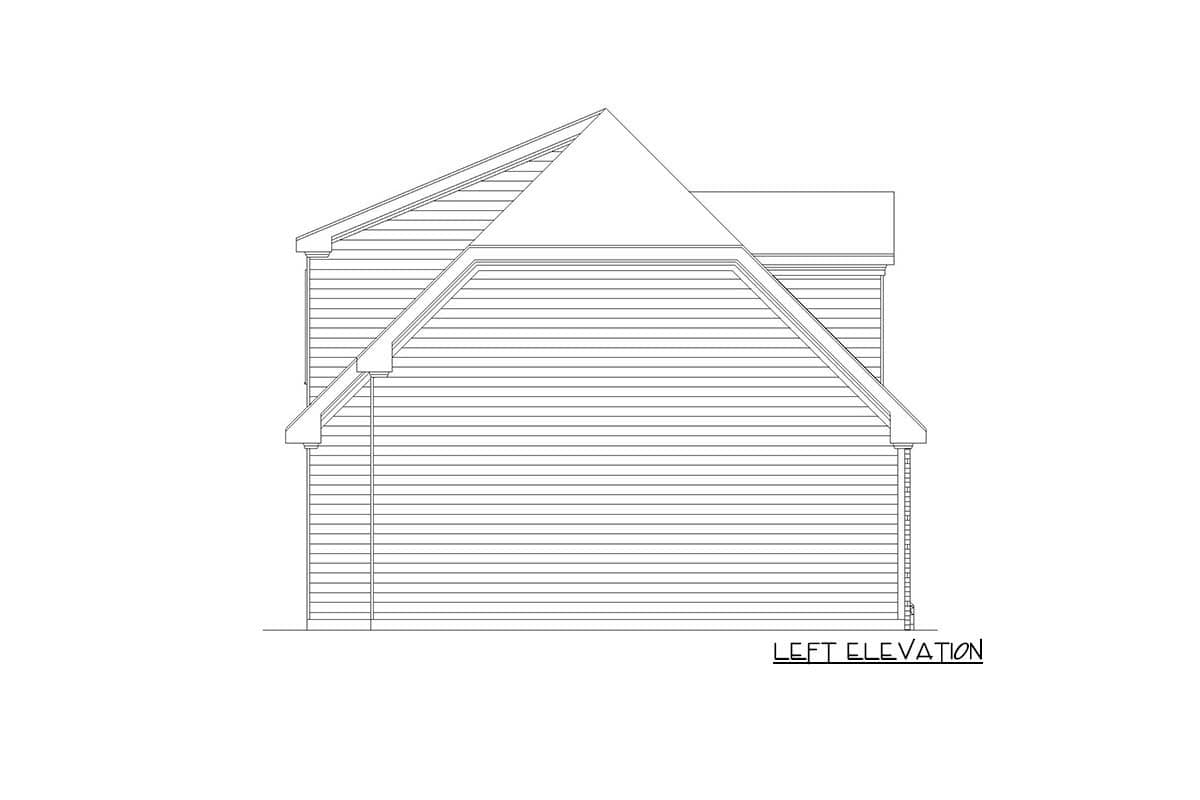 Left elevation of a house plan showing horizontal siding, gabled rooflines, and eaves.