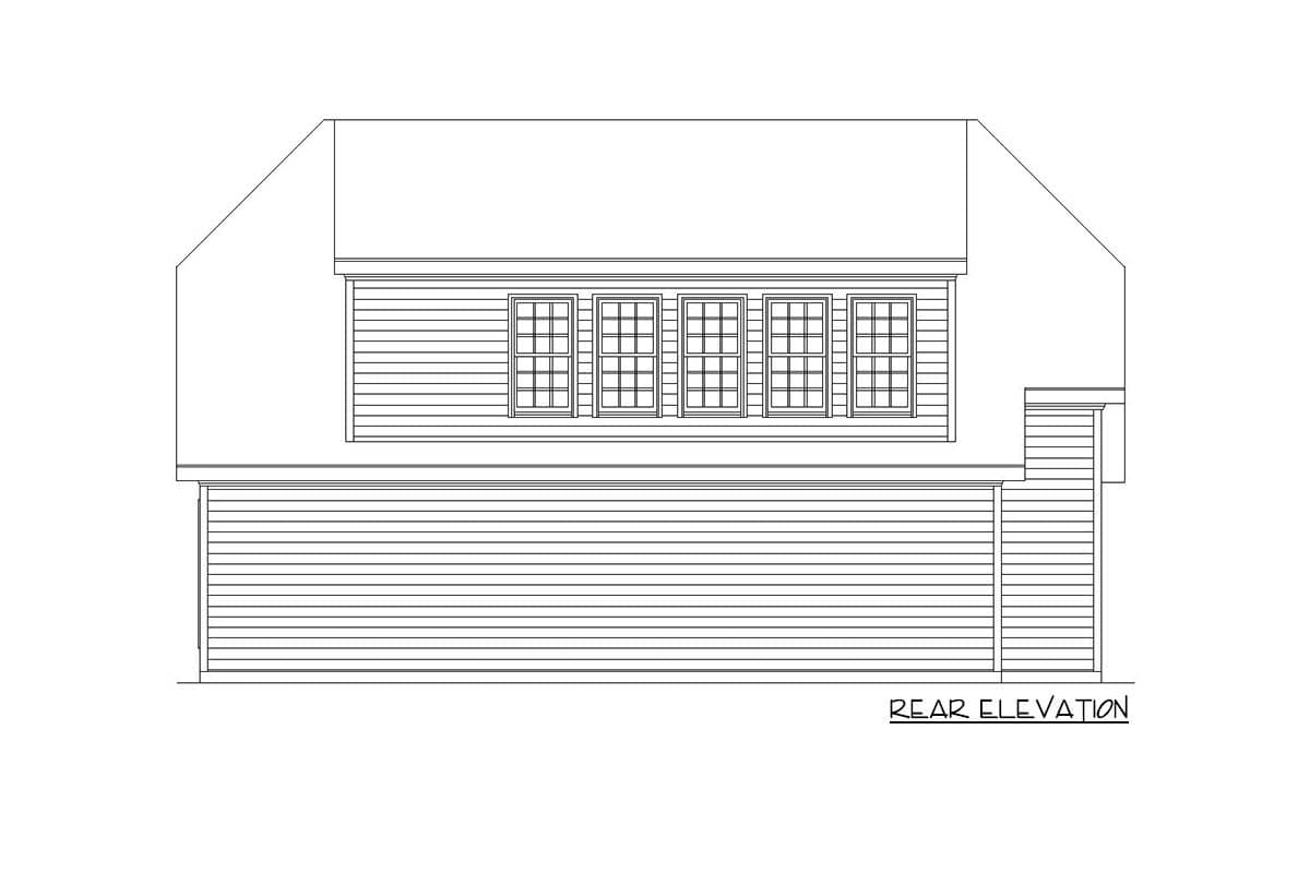 Rear elevation drawing of a house plan with horizontal siding and six windows above a garage.