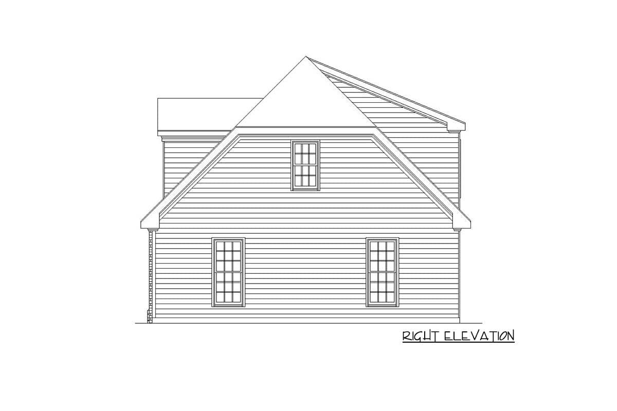 Right elevation house plan drawing with horizontal siding, gambrel roof, and three windows.