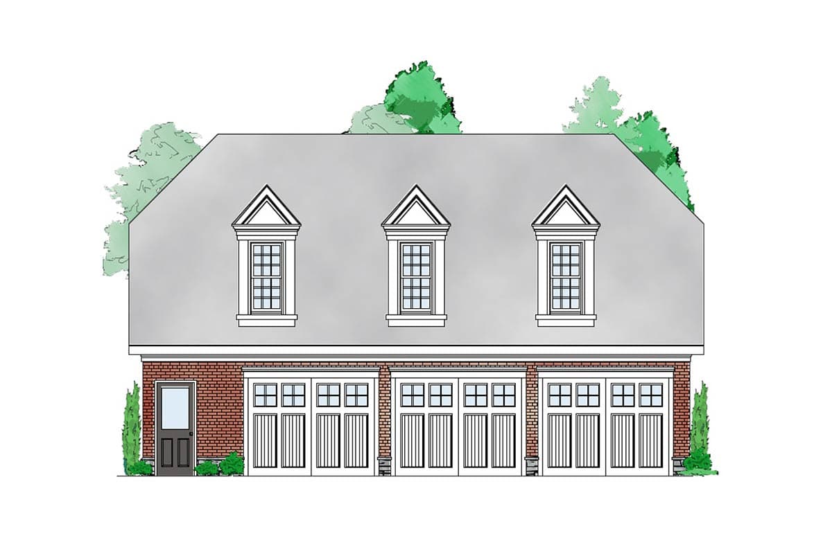 House plan exterior elevation with three dormer windows, a brick base, and three garage doors.