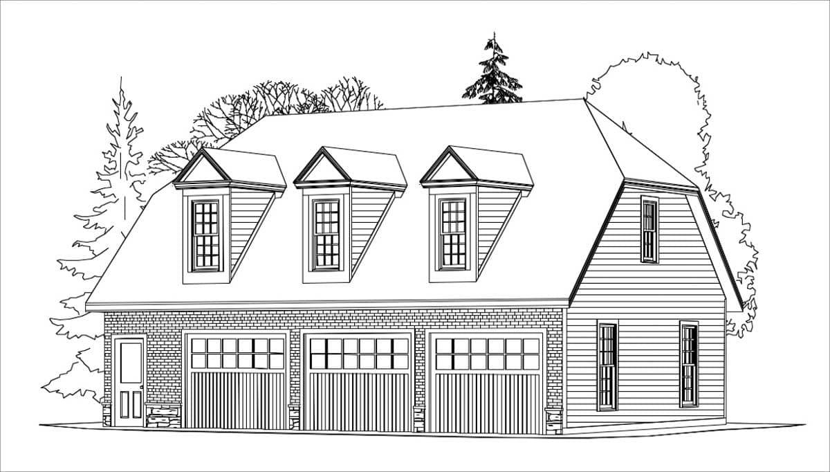House plan exterior showing a gambrel roof with three dormers, three garage doors, and a side-facing gable with a window.
