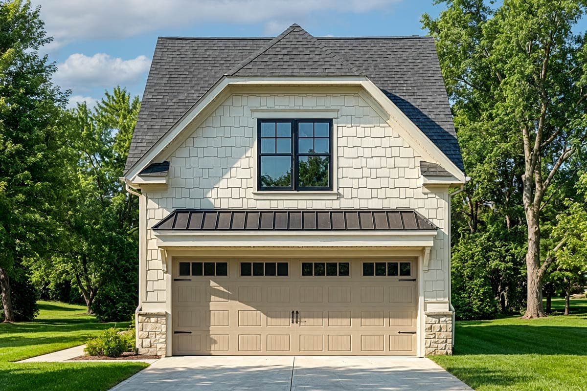 A detached garage with a light beige door and a black window. The roof is dark gray with white siding and lush green trees surround the building.