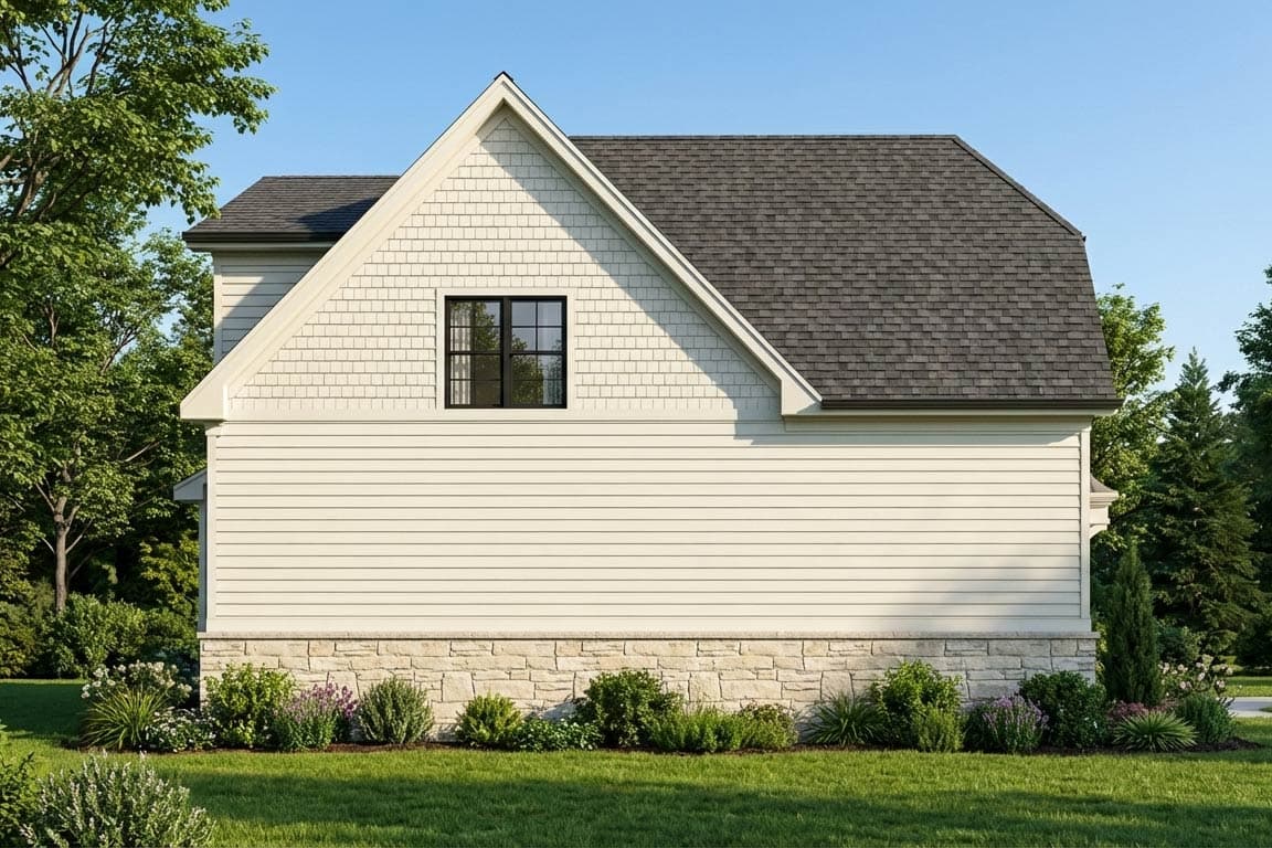 Side view of a modern house featuring a stone-based foundation, white siding, and a gabled roof. A black-framed window is visible under the roofline.