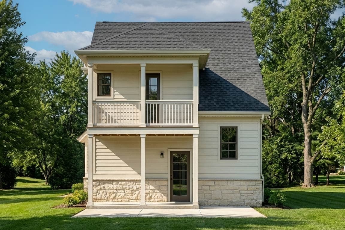 A two-story house with light siding and a stone base. It has a balcony with a white railing and is surrounded by trees and green grass.