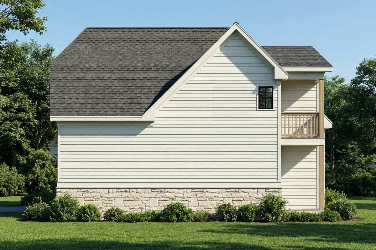 A side view of a house with a gray shingled roof, light siding, and a stone base. A small balcony is visible with a railing.