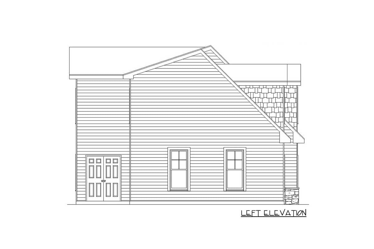 Left elevation of a house plan showing horizontal siding, a double door, two windows, and a gable roof with stone accents.