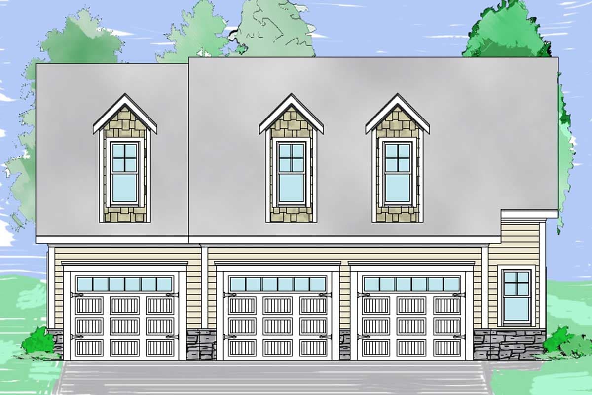 House plan exterior of a two-story home with a three-car garage, gable dormers, and stone accents.