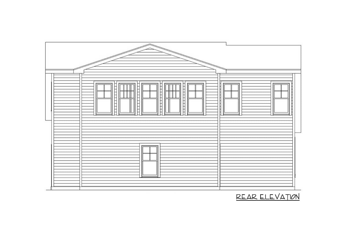 Rear elevation of a house plan with horizontal siding, a gabled roof, and multiple double-hung windows.