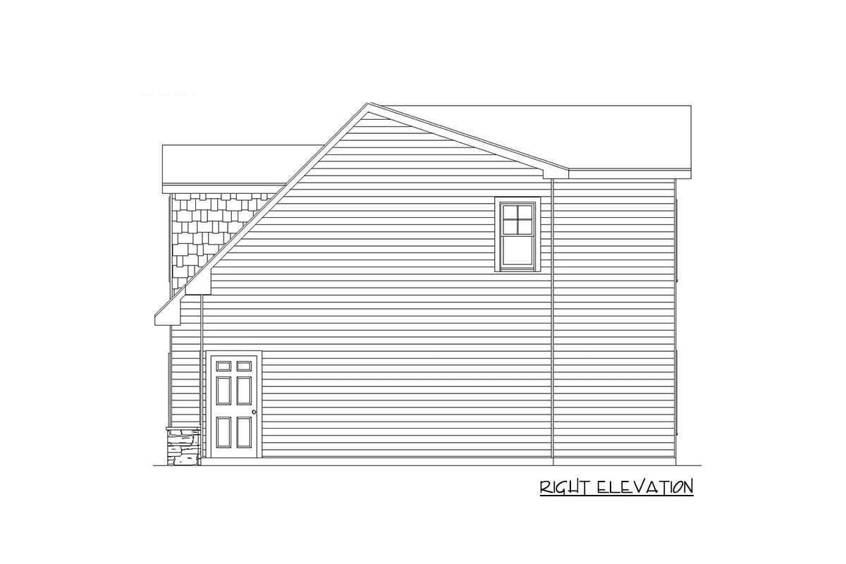 Right elevation house plan drawing showing a double-door entry, single window, and shingle accents on a gabled section.